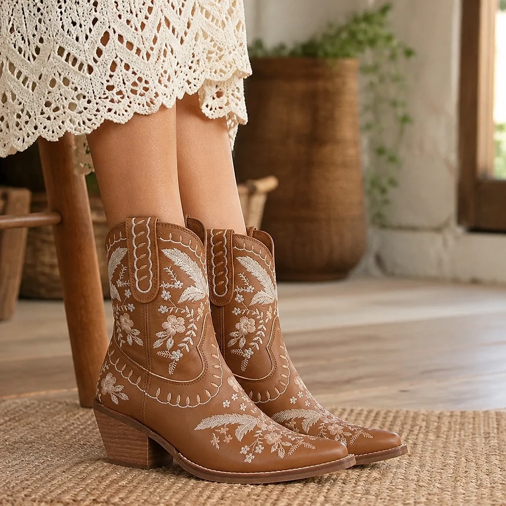 Botas Vaqueras de Tobillo Bordadas
