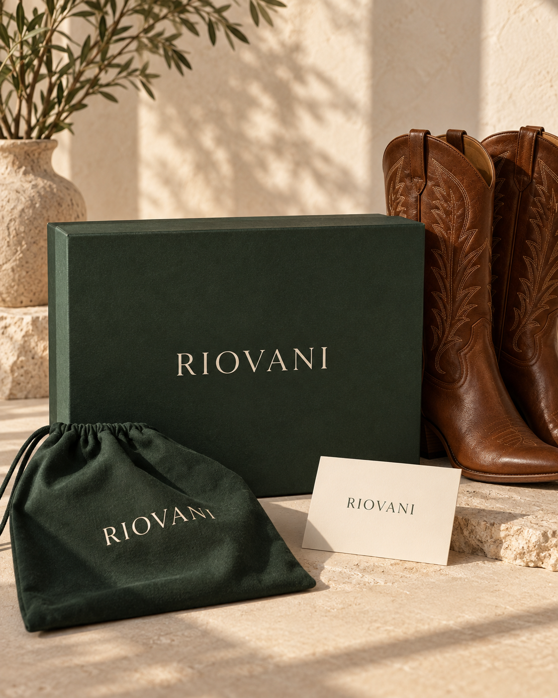 Packaging Riovani con botas western para mujer