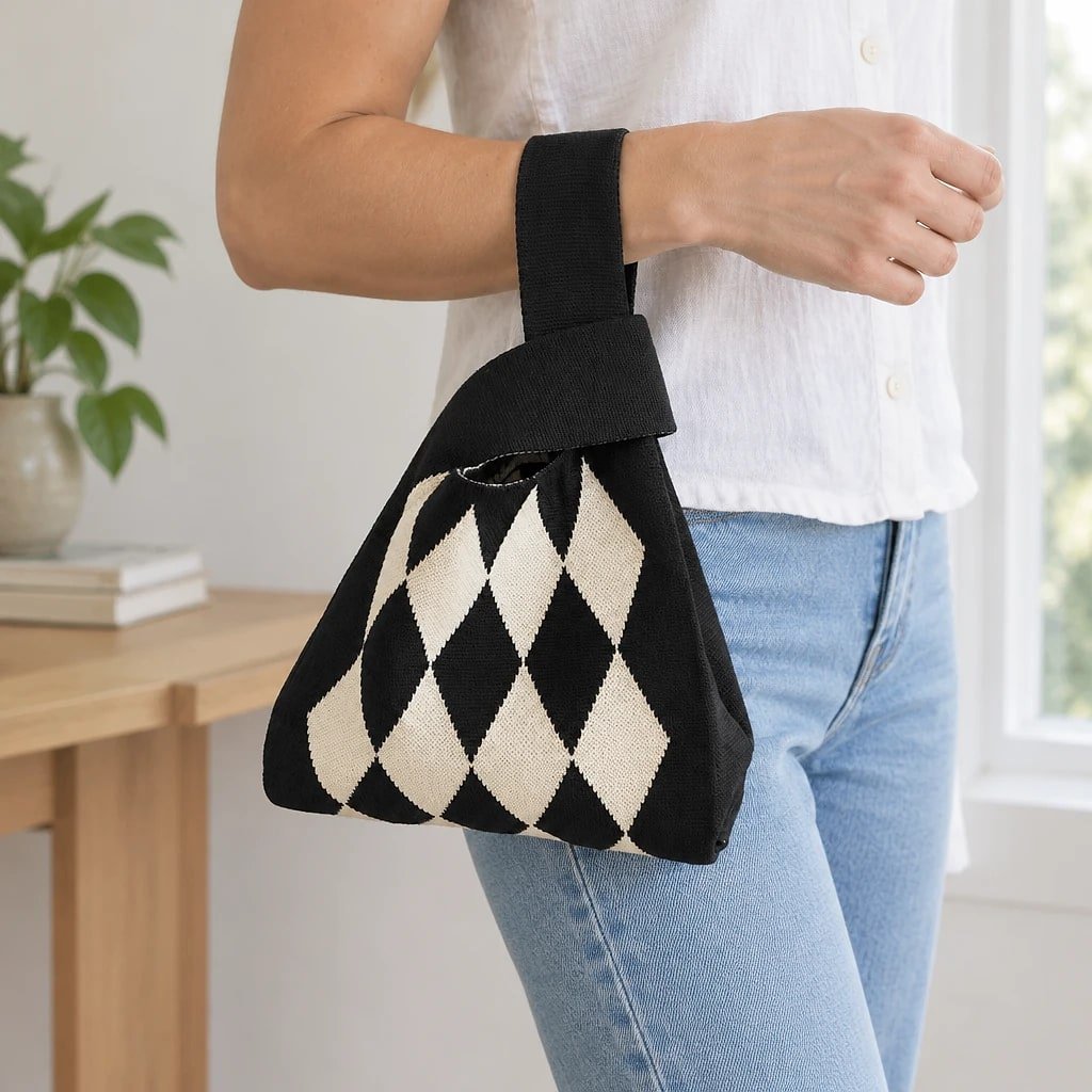 Bolso Bucket de Punto, Negro y Blanco