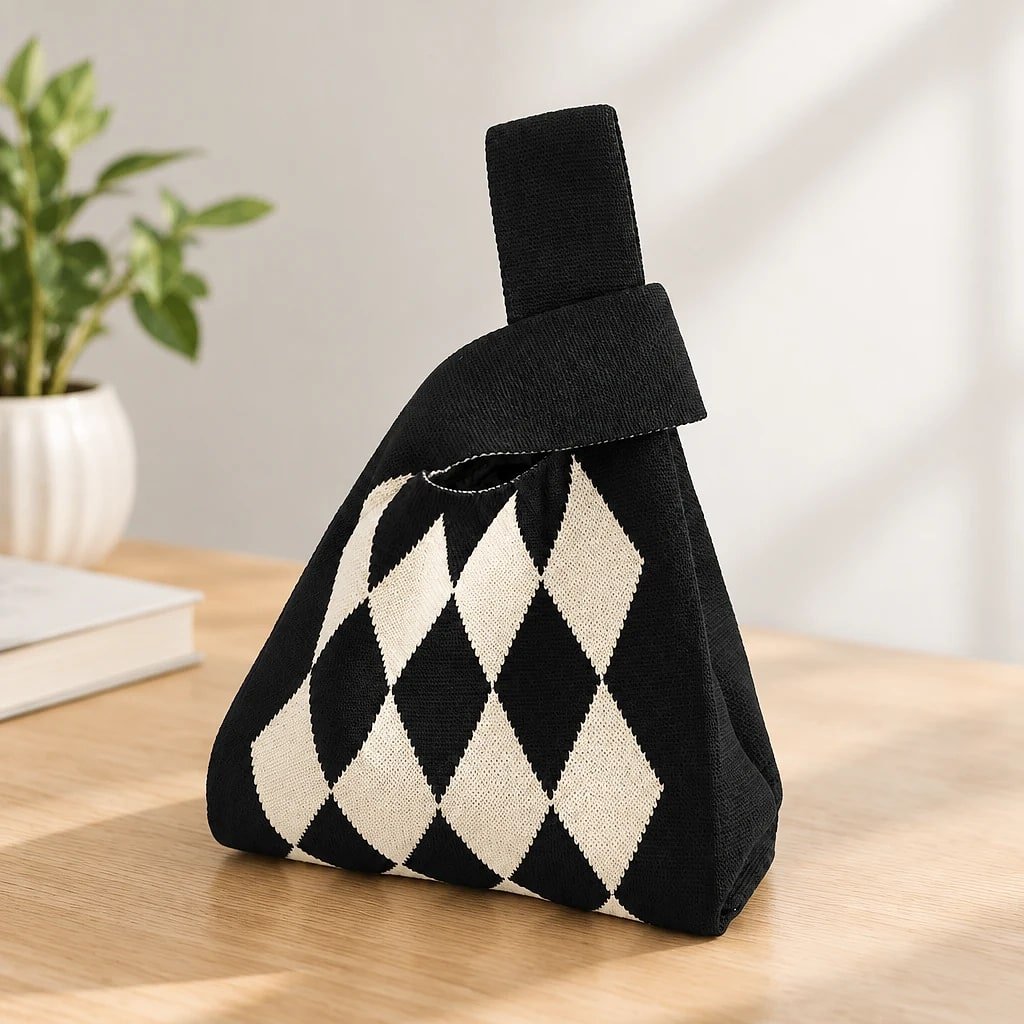Bolso Bucket de Punto, Negro y Blanco