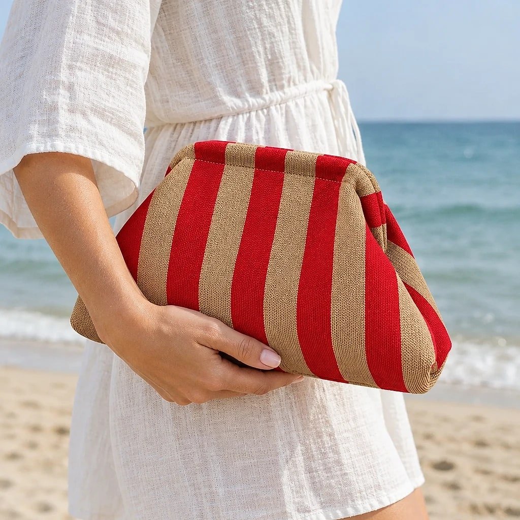 Bolso de Mano Rayas Rojo Beige