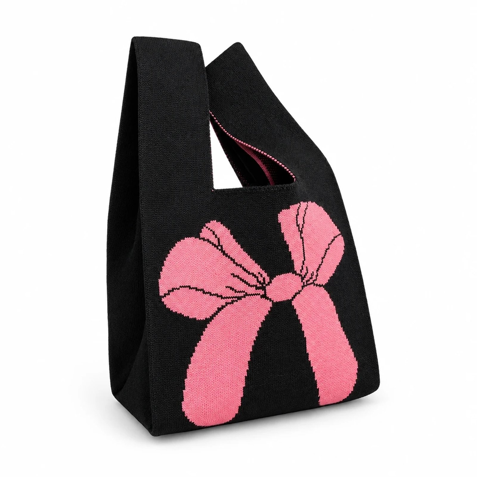 Bolso de mano negro con lazo rosa