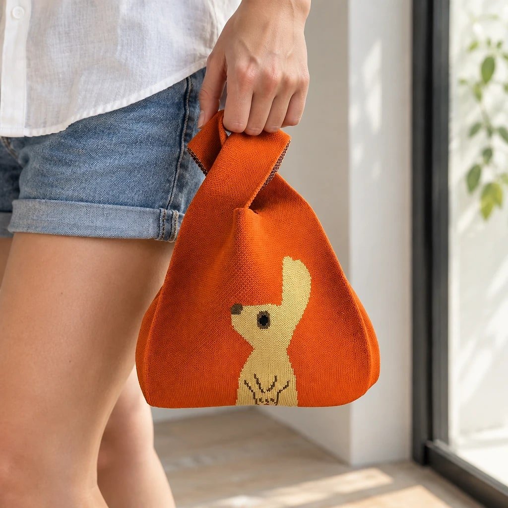 Bolso de Punto Naranja con Conejo