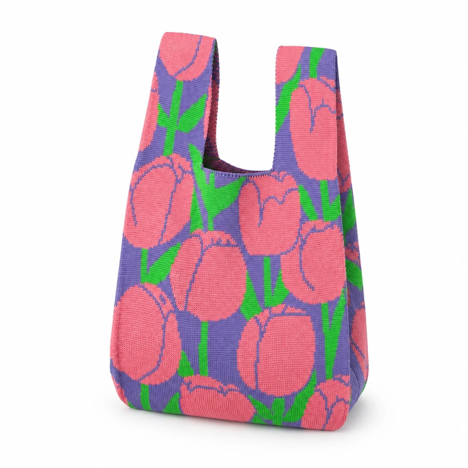 Bolso de mano morado con tulipanes rosas