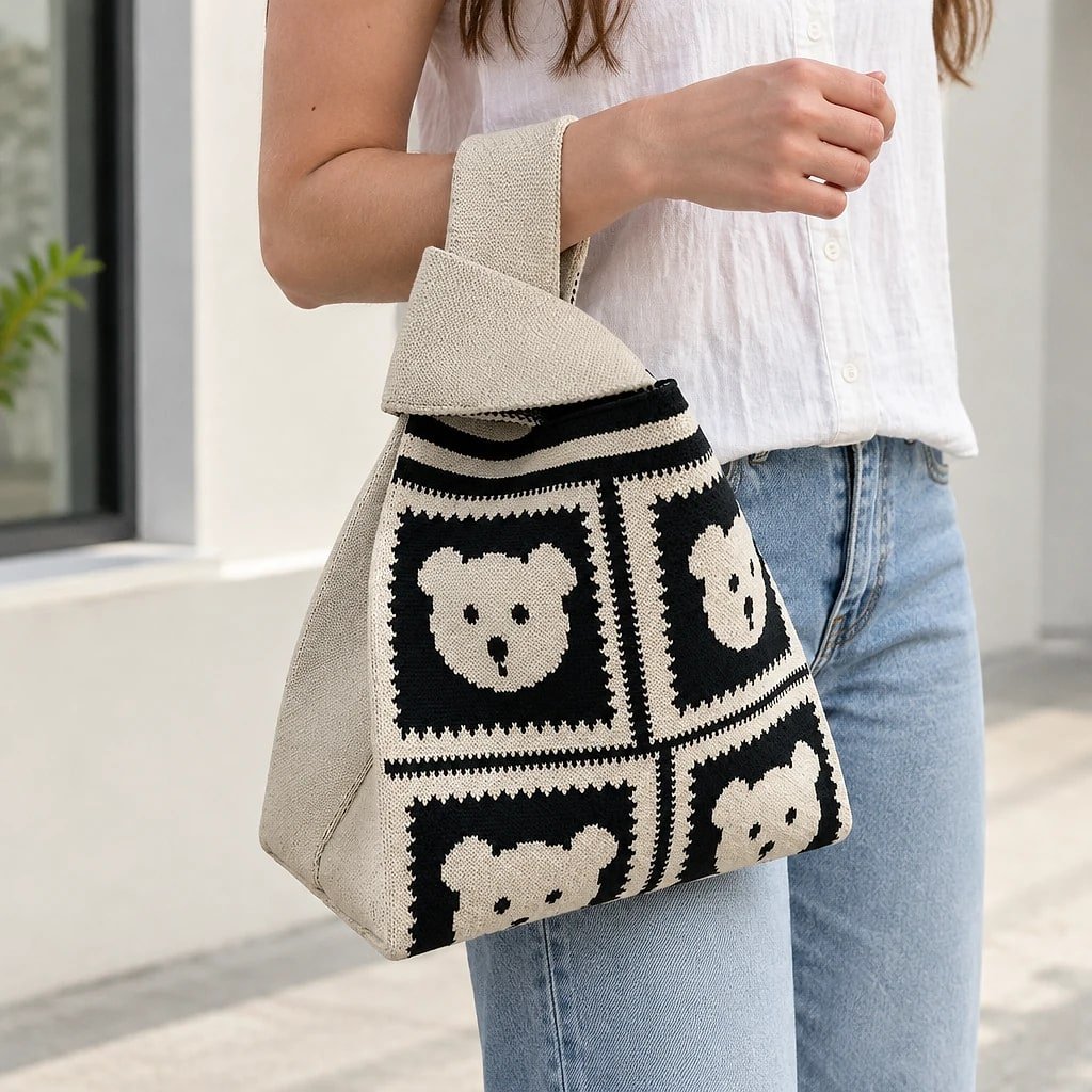 Bolso Tote Tejido Ositos Beige