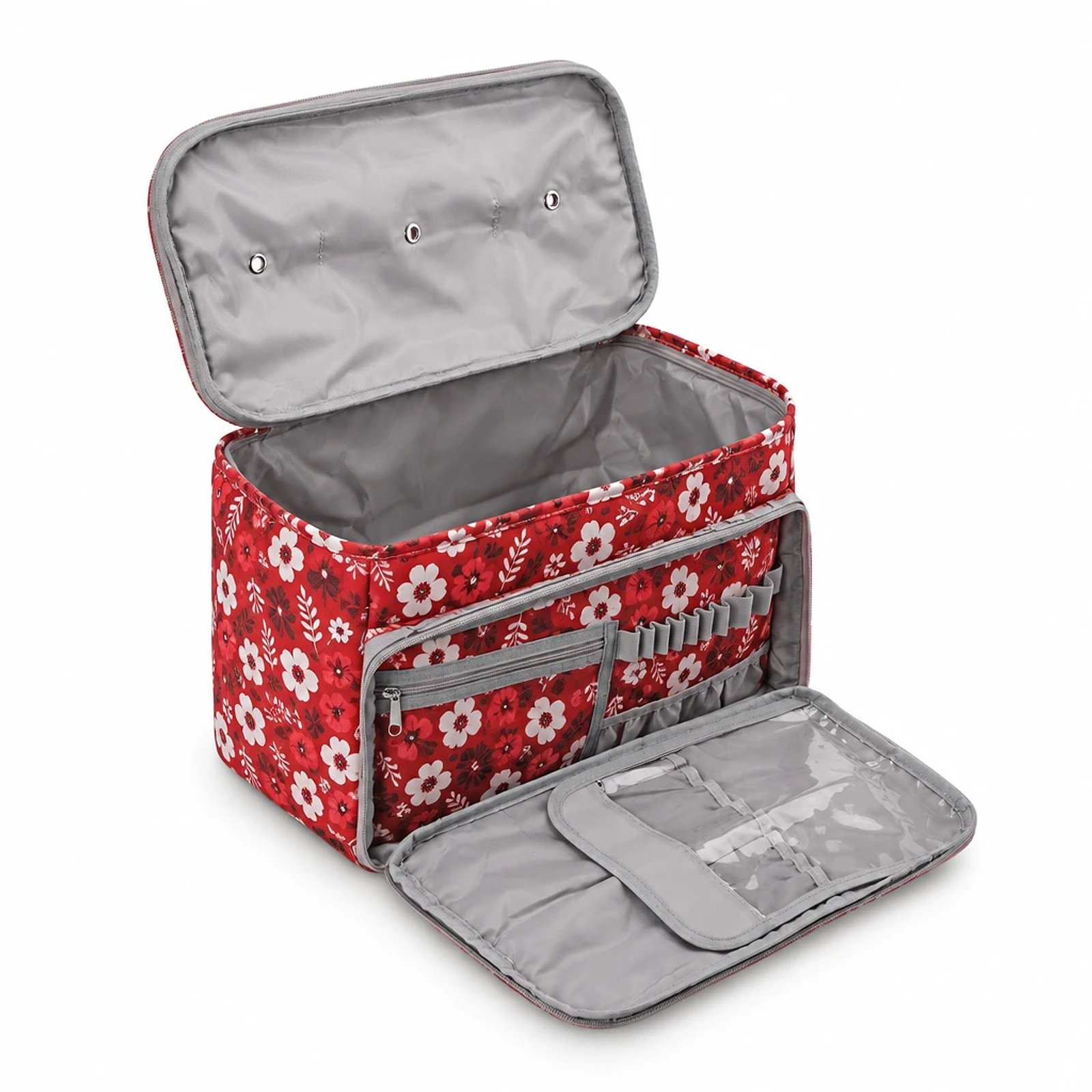 Bolsa de labores floral roja y gris