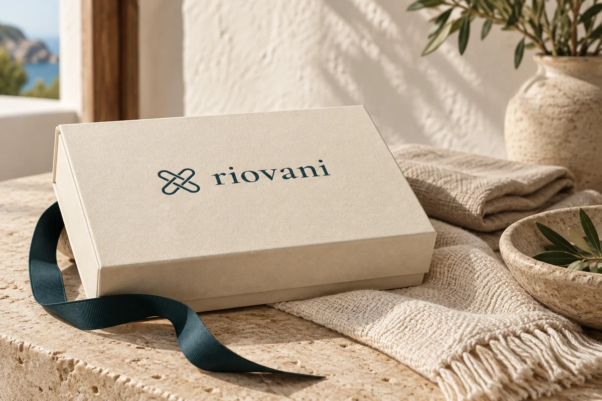 Composición editorial de Riovani: caja con el logotipo, lino y una cinta azul petróleo